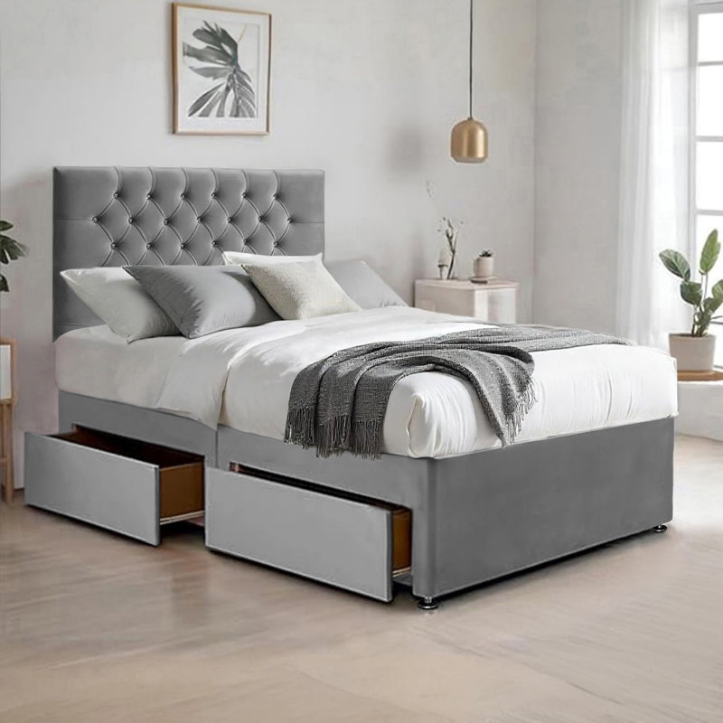 Suede Divan Bed & Mattress Set with 26''Chesterfield Headboard & 10'' Coilspring Foam Mattress, 2 Storage Drawers - Divan Beds