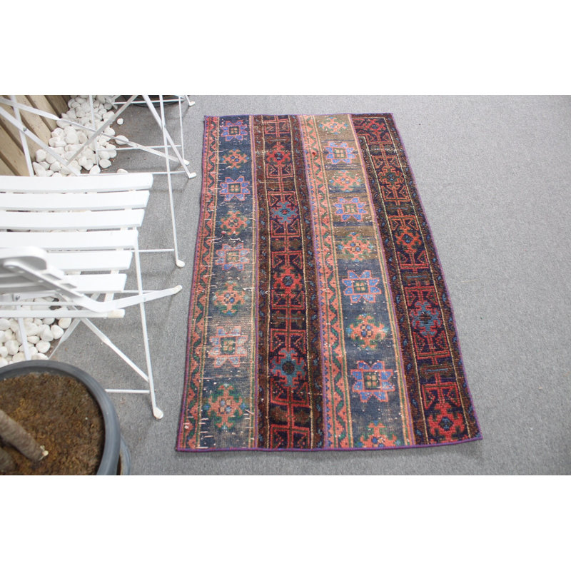 Vintage Turkish Antique Small Patchwork Rug Ideal for Kitchen and Entryway in Blue