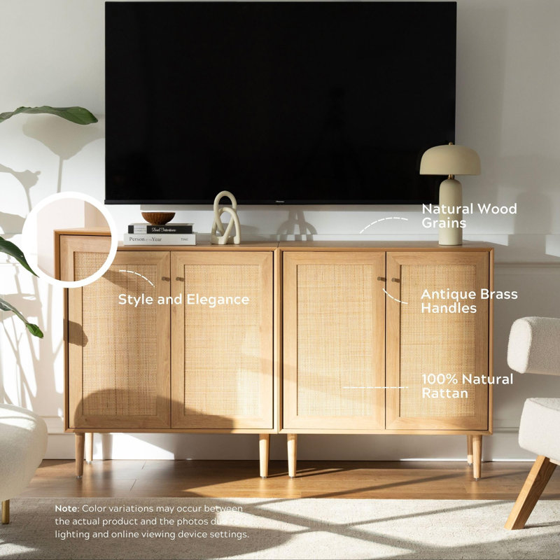 34.65"Tall Rattan 2 Door Accent Cabinet with Solid Wood Legs And Adjustable Shelves, Natural Wood, 2