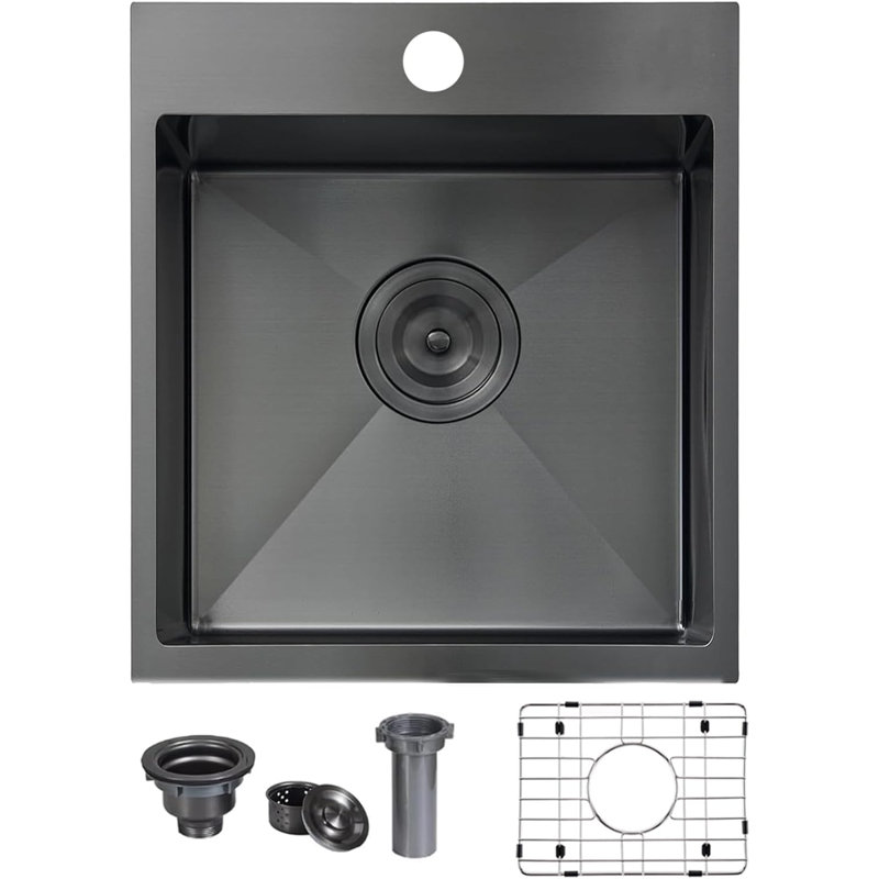 Évier de bar en acier inoxydable fait à la main 15 po x 17 po avec grille et drain, Noir mat