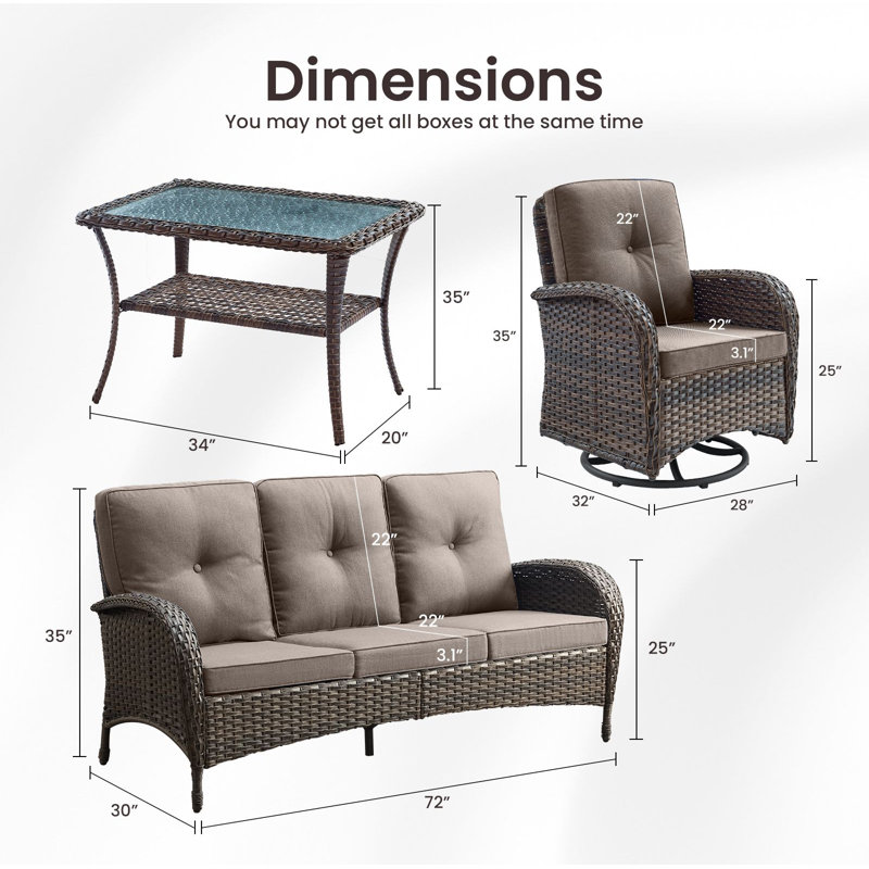 Valierius 4-Piece Outdoor Wicker Patio Furniture With 3 Seat Sofa & Swivel Chair, Coversation Set With Water Resistant Cushions