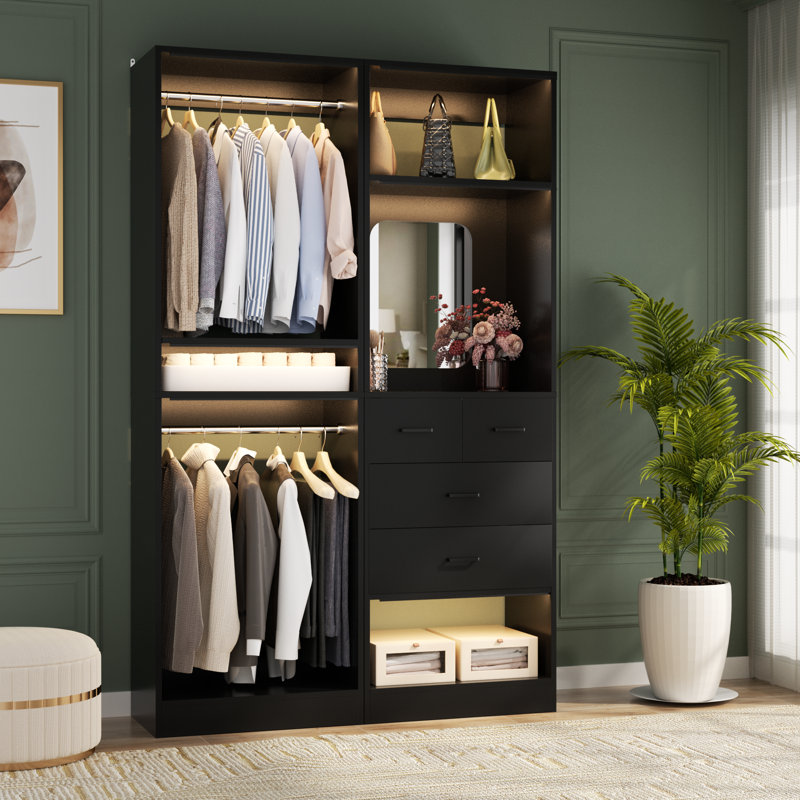 Freestanding Closet System with Drawers and Mirror, Black