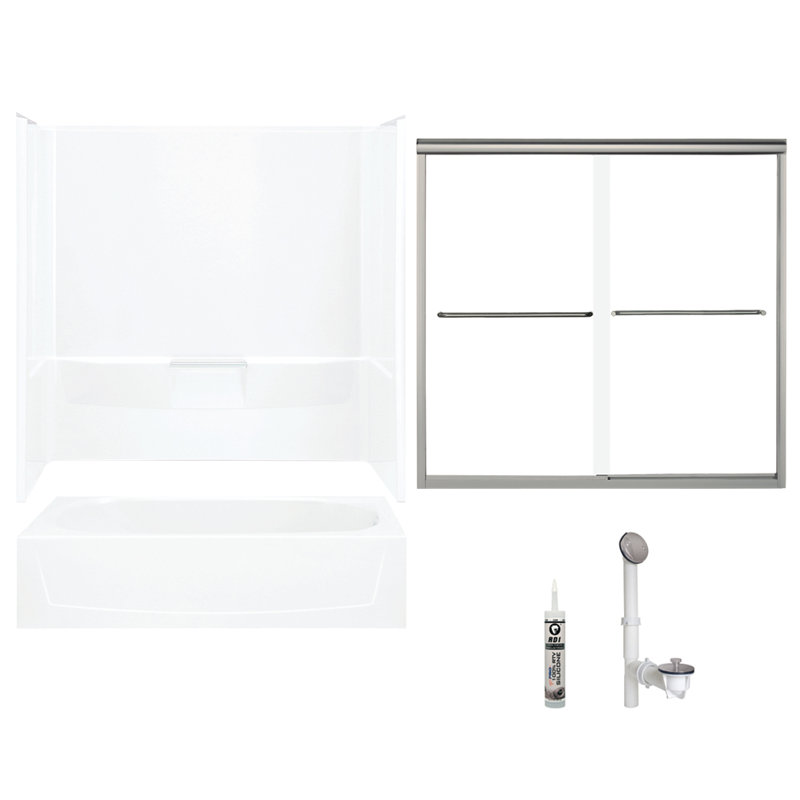 Ensemble de baignoire et douche rectangulaire sans cadre de 60 po x H 75,75 po avec porte-serviettes et base inclus, Nickel