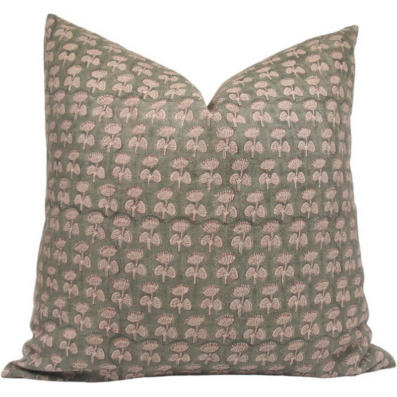 Coussin en lin imprimé à la main pour les maisons modernes Fabruine - Damru, Carré, 20 po x 20 po, Vert floral 2