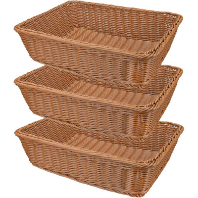 3 Pack Imitation Rattan Woven Bread Baskets, 11.8 X 7.8 Inch Plastic Wicker Fruit Baskets For Food Serving, Vegetables, Kitchen, Restaurant, Outdoor, Brown