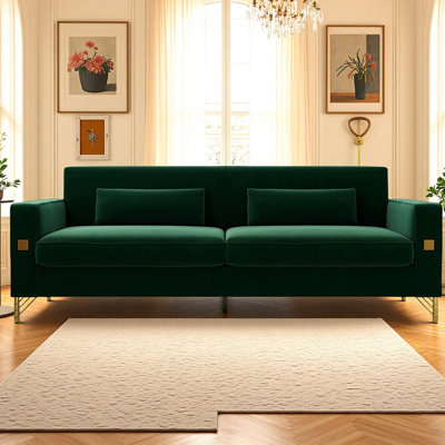FX-P18-RG2 (SOFA) Canapé de luxe en velours vert émeraude avec accents dorés - Canapé moderne à 3 places avec coussins moelleux