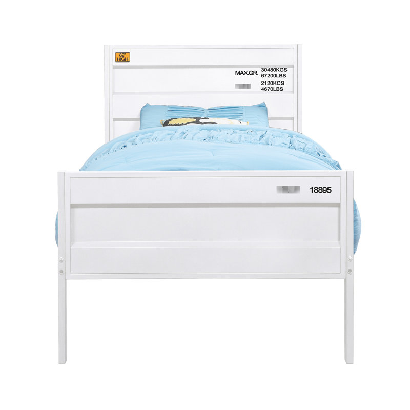 Lit double à finition blanche Cargo, structure en métal avec panneaux encastrés, conception de contenant, pieds droits, 21 lattes, aucun sommier requis, poids de 84 lb, lit de style profondeur de 56,7 po et verrou de longueur,