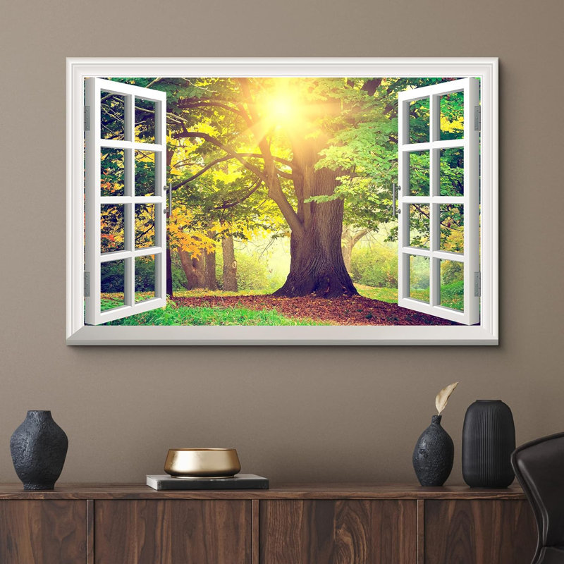 Window Scenery " Sunrays Shining Through Tree Crown ", 32" H x 48" W