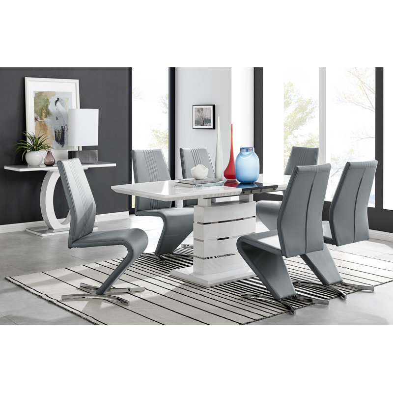 Everson Large High Gloss Extendable Dining Set with 6 Luxury Faux Leather Upholstered Dining Chairs, Gray