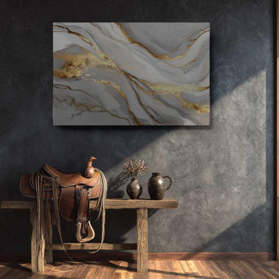 White and Gold Marble Canvas, Abstract Fluid Wall Art - Luxury Grey Stone Print, Modern Liquid Texture Decor for Glam Living Room