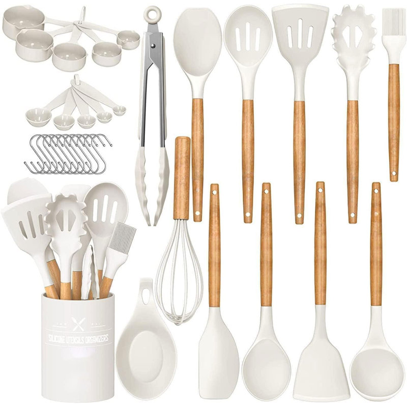 Cream White 33-Piece Silicone and Wood Cooking Utensil Set