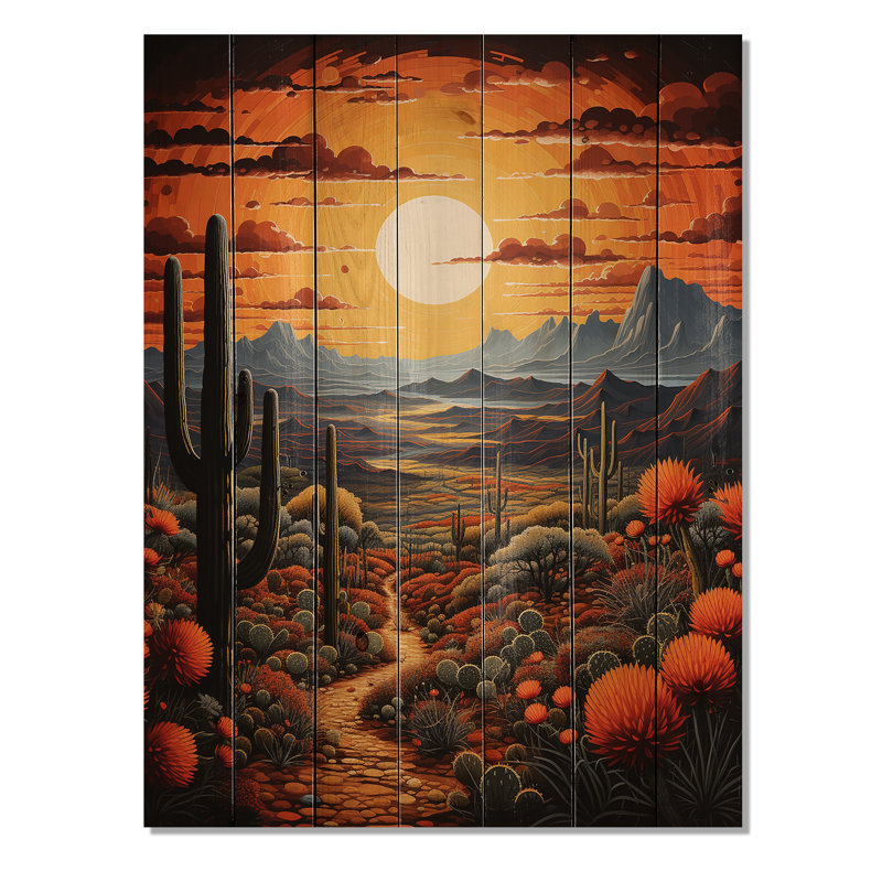 Cactus jaune et vert, désert, coucher de soleil, Saguaro - impression florale et botanique sur bois de pin naturel