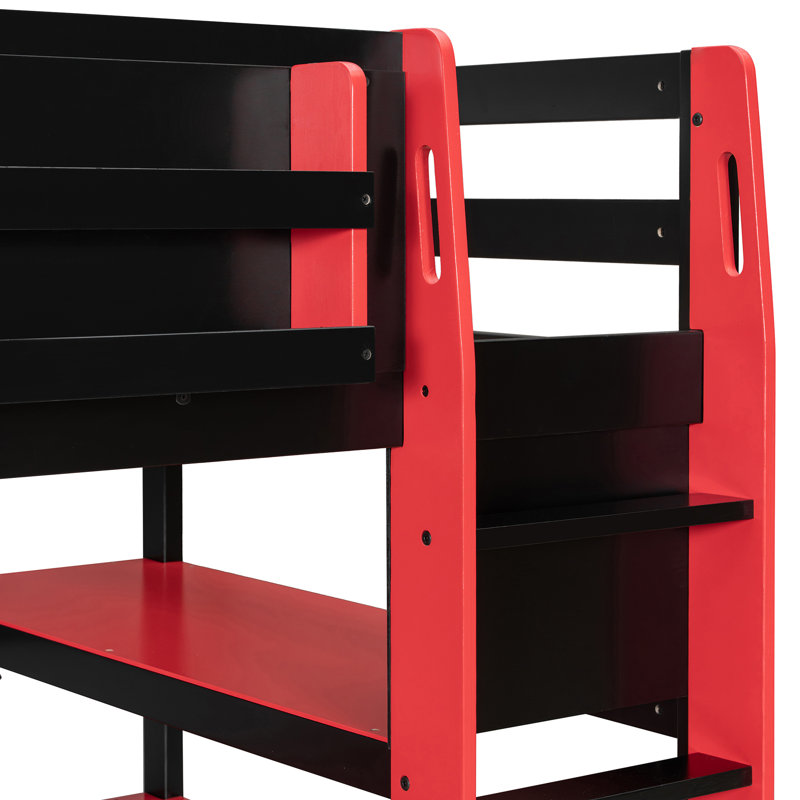 Lit mezzanine simple en bois avec bureau, support de rangement latéral, tablettes multiples et lumière RVB, Lit simple, Rouge