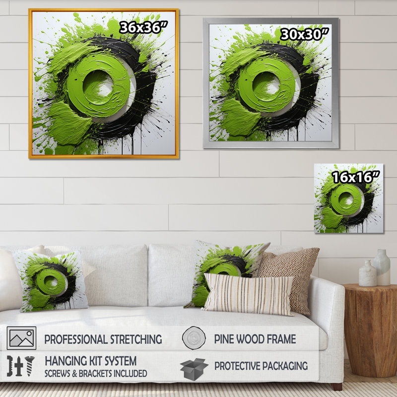 «Green Spiral Neon Fusion 1 - Abstract Collages», art mural, Toile tendue, H 36 po x l 36 po x P 1,5 po