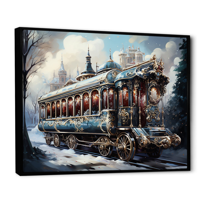 Voyage en train de Noël I - train, art mural, H 16 po x l 32 po x P 1 po, Cadre flottant noir