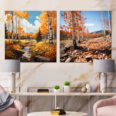 Tremble jaune, forêt, majestueux I, paysage mural en métal, ensemble de 2 carrés
