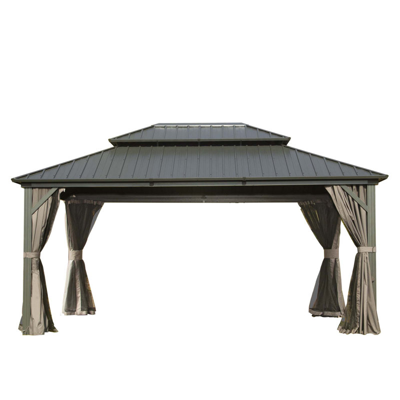 Hardtop Gazebo, Outdoor Gazebo With Galvanized Steel Double Roof, Aluminum Frame, Built-In Gutter System, Curtain And Netting, Metal Gazebo Pavilion For Patio Deck Garden
