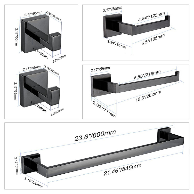 Ensemble d'accessoires de salle de bain noir mat ANZZI 5 pièces, Noir mat