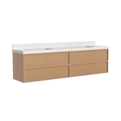 84'' Modern Wall-Mounted Bathroom Vanity with Sink and Quartz Stone Top, Floating Vanity with Woven Front Drawers and Backsplash