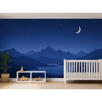 Navy Night Mountains Wallpaper Mural, Peel and Stick Kids Room Wall Mural, Layered Silhouette Landscape Nursery Wallpaper
