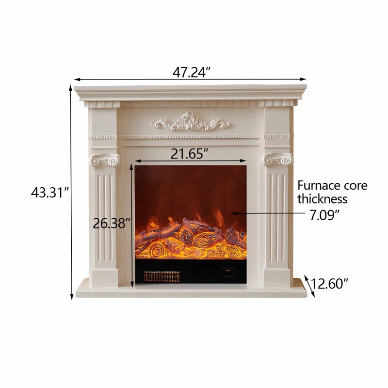 Foyer électrique ivoire en bois de chêne blanc, H 43,31 po x l 47,24 po x P 12,6 po