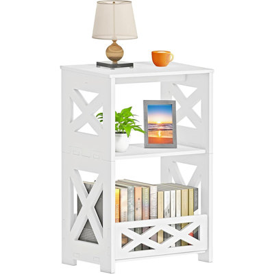 White Side Table, Small End Table With Storage Shelf, 3-Tier Nightstand Bedside Table Bookshelf Bookcase Display Rack For Small Spaces Bedroom Bathroom Living Room Office