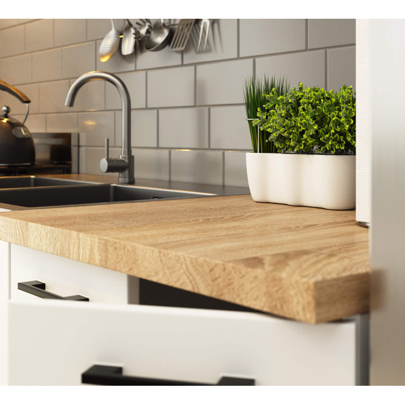 The kitchen base cabinet is white, 85cm H x 80cm W x 46cm D