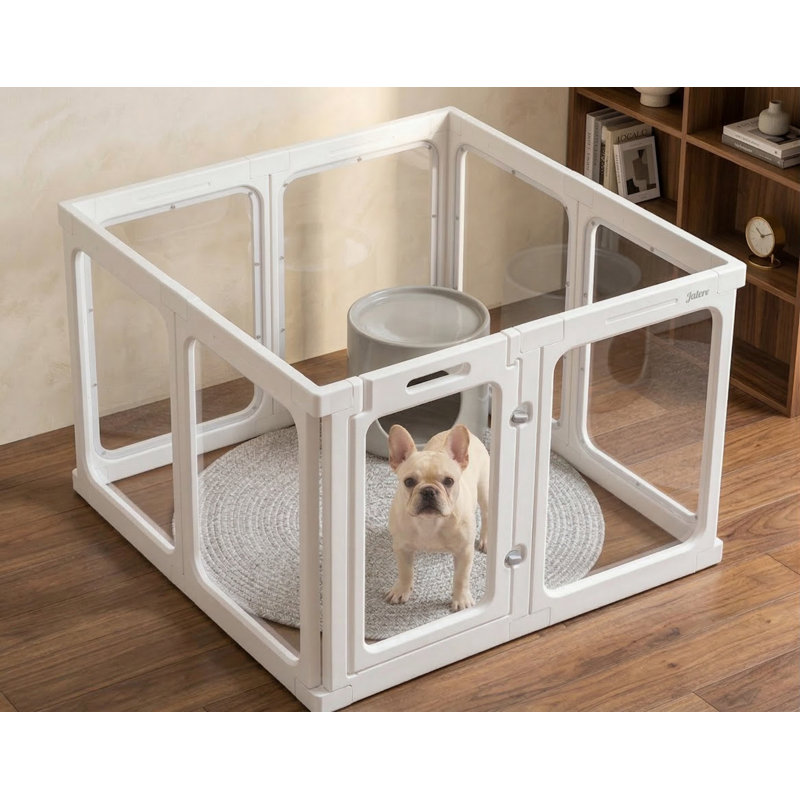 Interior Acrylic Pet Containment System, 24-Inch Height with Door, Suitable for Puppies, Cats, Rabbits, or Ferrets, Tool-Free Installation, Customizable Configuration for Small Dogs, Includes Eight White Panels