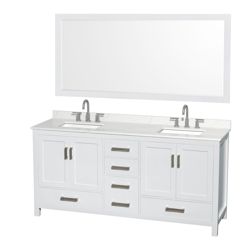 Sheffield 72" Freestanding Double Bathroom Vanity with Quartz Top with 70" Mirror, Chrome, White, White Quartz