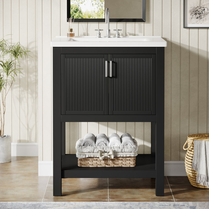 Meuble-lavabo simple 24 po avec comptoir en céramique, lavabo inclus, Noir / argenté, 24", 2