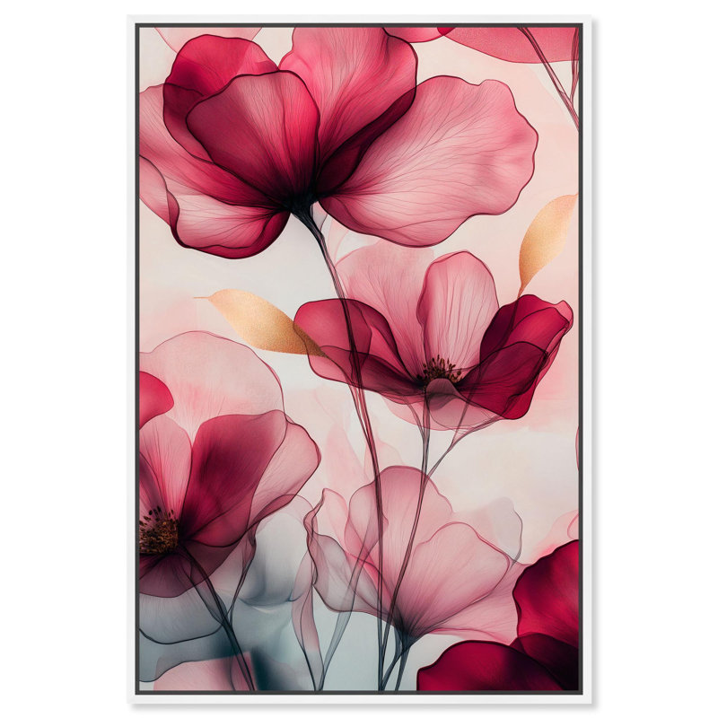 Art en mousseline de soie en mousseline cerise, H 16 po x l 11 po, Cadre flottant blanc
