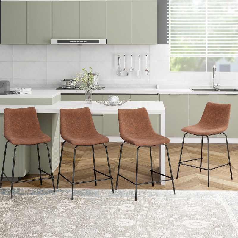 Faux Leather Bar Stool (Set Of 2), Counter Stool (24" Seat Height), Camel