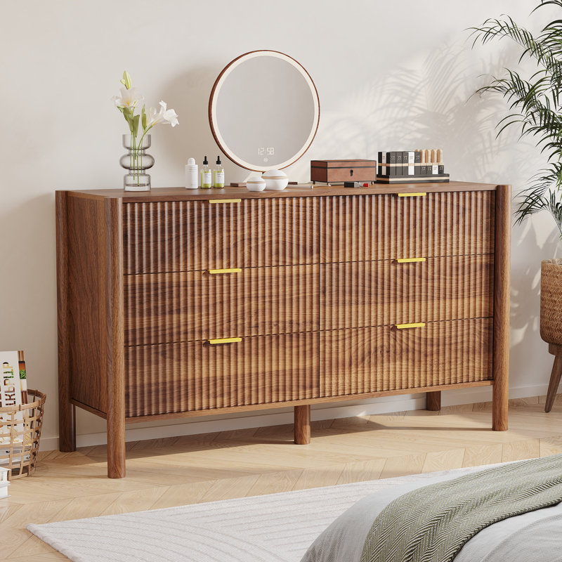 Commode 6 tiroirs l 55,1 po, commode en bois cannelée avec pieds en bois massif pour chambre à coucher, salon, noyer, Walnut