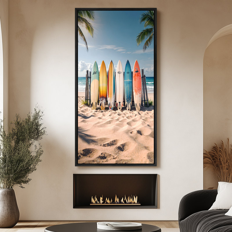 Planche de surf colorée sur une plage ensoleillée avec palmiers, art vertical de la côte, très grandes photos, impression sur toile encadrée
