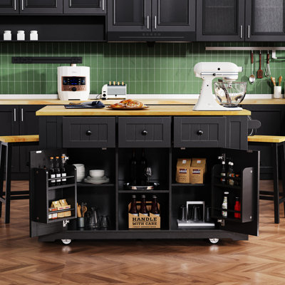 53Inch Kitchen Island Storage Cart With 2 Bar Stools, Power Outlets, Internal Rack, Drop Leaf, 5 Side Shelves, 3 Drawers, For Area Large Outlet, Storage, Folding , In Black Elegant Decor