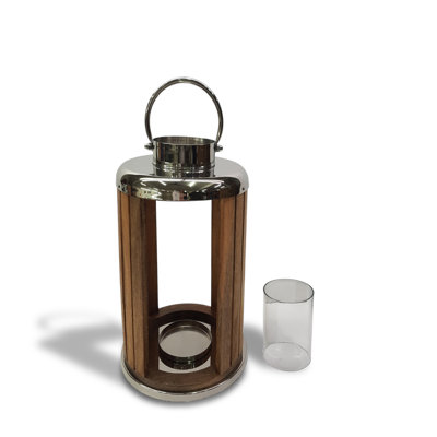 Mango Wood and Stainless Steel Lantern - Glass Hurricane Candle Holder - Rustic Modern Decorative Lantern for Home Accessories
