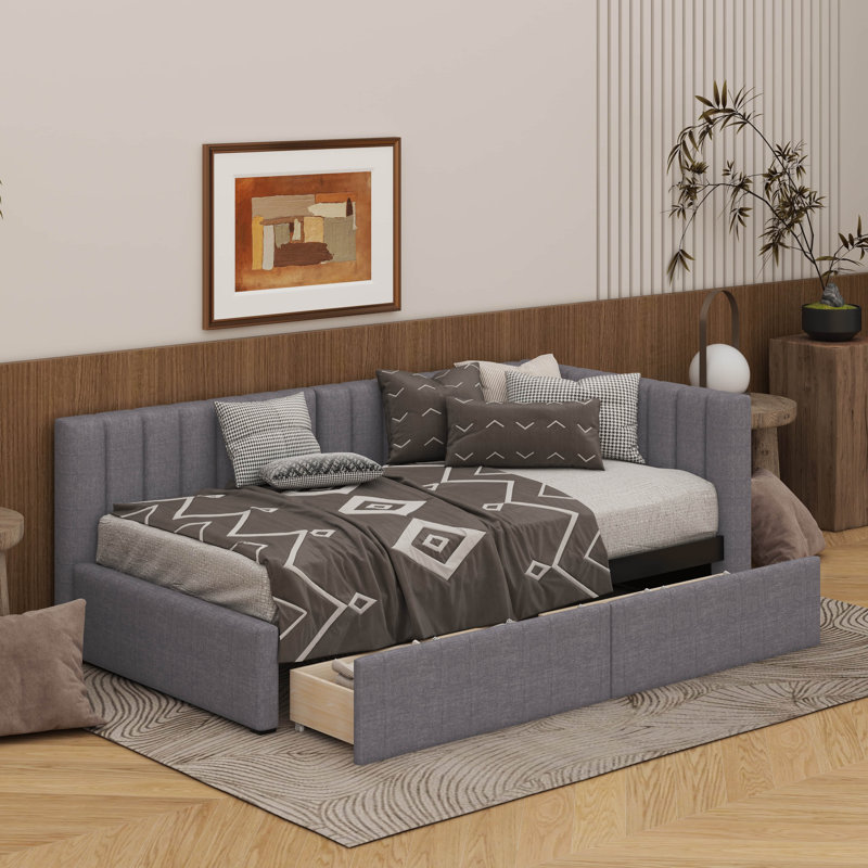 Twin Size Upholstered Daybed With 2 Drawers,Wood Slat Support, Gray