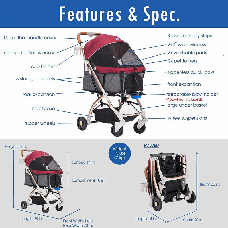 Ruby Red Lightweight Aluminum Pet Stroller with Retractable Handle