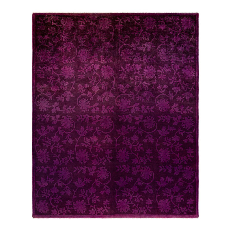 Hand-knotted Purple Floral Wool Area Rug with Fringe