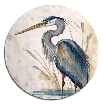 Héron au bord de l'eau, aquarelle II - animaux, art en métal rond