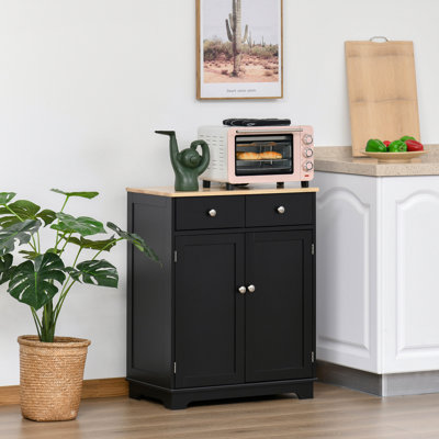 Sideboard Cabinet - Black With Solid Wood Countertop. 2 Drawers, Adjustable Shelf For Convenient Storage In Home Life Countertop Daily Use. Shelf, Easy To Maintain