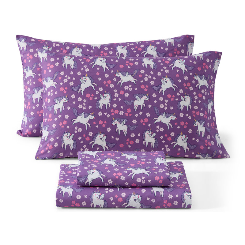 HLC.ME Purple Unicorn Printed Kids Bed Sheets - 3 Piece Patterned Bed Sheet Set - Wrinkle Resistant & Ultra Soft - Fits Mattresses up to 15 Inches Deep - Twin