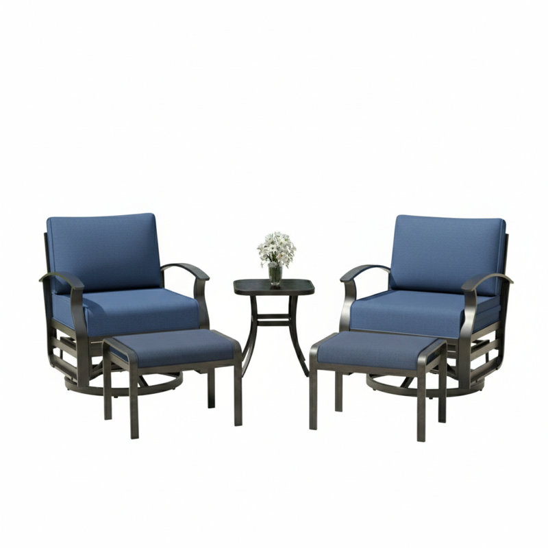 28.5" Wide Outdoor Metal Patio Glider Swivel Chair Set With Cushions & Ottomans, Navy