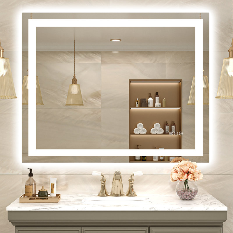 Miroir de salle de bain sans cadre à DEL 48 po x 36 po, verre trempé, antibuée, 3 couleurs à intensité variable avec fonction mémoire, miroir de meuble-lavabo mural