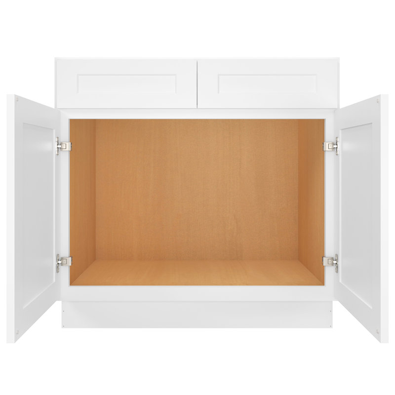 Armoire de base pour évier de cuisine prête à assembler avec tablettes réglables et fermeture en douceur, Blanc shaker