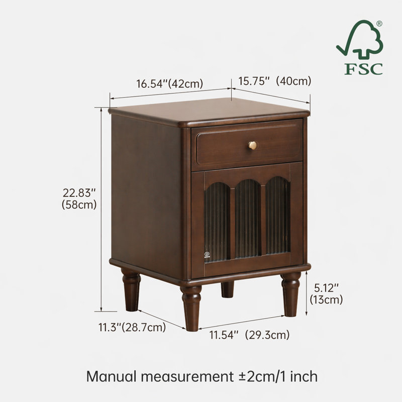23"H Traditional Solid Wood Nightstand with Fluted Glass Door, Drawer-Left, Left Door, Poplar & Expresso