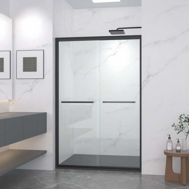 Porte de douche coulissante double de 72 po de hauteur avec verre trempé transparent de 5/16 po (8 mm), quincaillerie noire, conception de poignée, roulettes silencieuses, cadre en aluminium à haute épaisseur pour coffre-fort pour salle de bain, poignée anticorrosion, facile