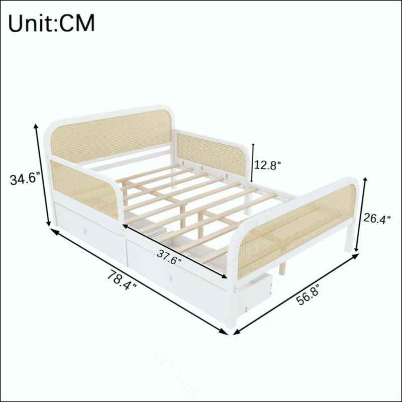 Structure de lit plateforme avec 2 tiroirs de rangement, lit en rotin pour enfants avec tête et pied de lit, Full / Double