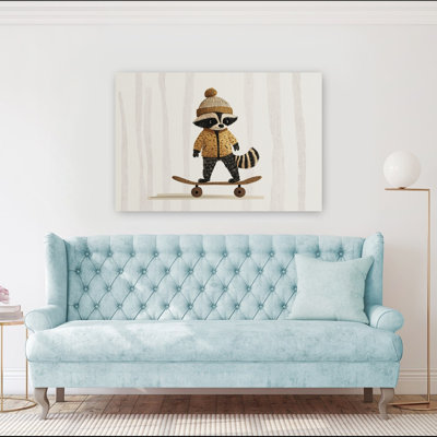 Playful Raccoon Skater Contemporary Forest Wall Art Print 1 Piece Wrapped Canvas Wall Art