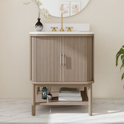 28" Solid Wood Modern Slatted Double Door Bathroom Vanity With Undermount Sink